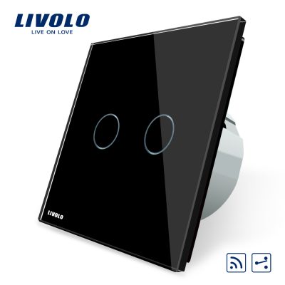 Intrerupator dublu cap scara / cap cruce wireless Livolo din sticla negru VL-C702SR-12