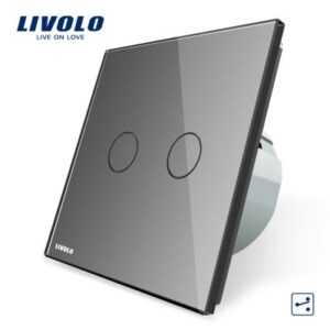 Intrerupator dublu cap scara / cap cruce cu touch Livolo din sticla gri VL-C702S-15