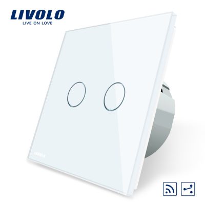Intrerupator dublu cap scara / cap cruce wireless Livolo din sticla alb VL-C702SR-11