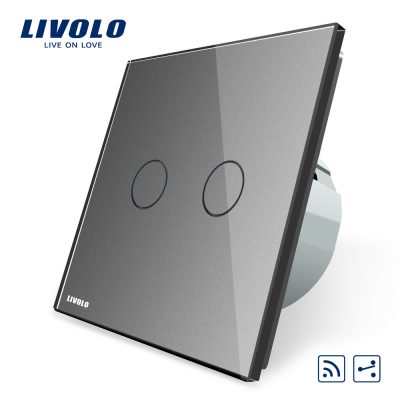 Intrerupator dublu cap scara / cap cruce wireless Livolo din sticla gri VL-C702SR-15