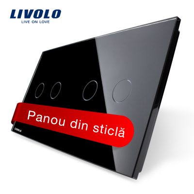 Panou intrerupator dublu plus dublu cu touch Livolo din sticla Negru BB-C7-C2-C2-12