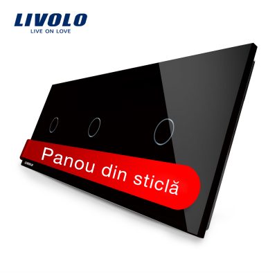 Panou intrerupator simplu plus simplu plus simplu cu touch Livolo din sticla Negru BB-C7-C1-C1-C1-12