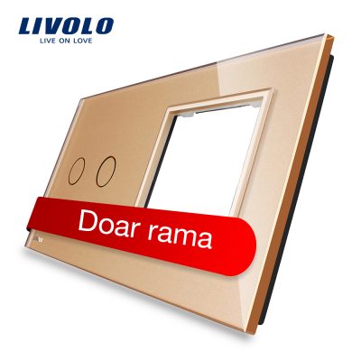 Panou intrerupator dublu cu touch plus priza simpla Livolo din sticla Auriu BB-C7-C2-SR-13